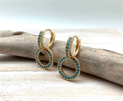 Turquoise Huggies Gold Earrings Gold Turquoise Earrings Etsy