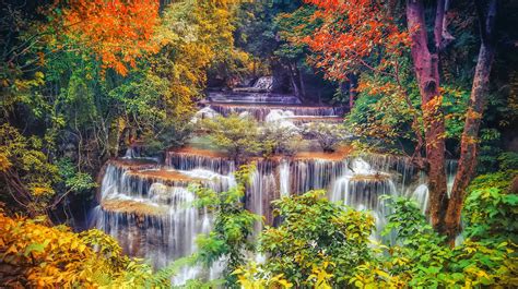 Cascading Waterfall In Autumn Forest Hd Wallpaper Background Image