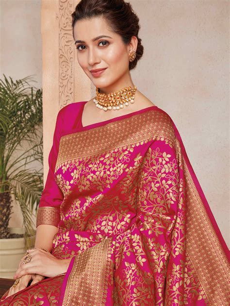 Dark Pink Art Silk Traditional Saree With Floral Weaving Traditional Sarees Silk Saree