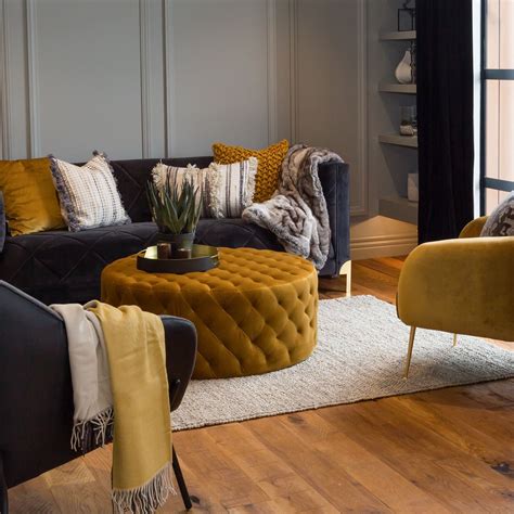 Chester Pin Ottoman Mustard Velvet In 2020 Blue Living Room