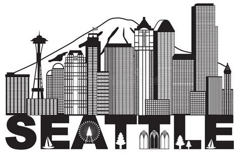 Seattle City Skyline Panorama Clip Art Stock Illustration