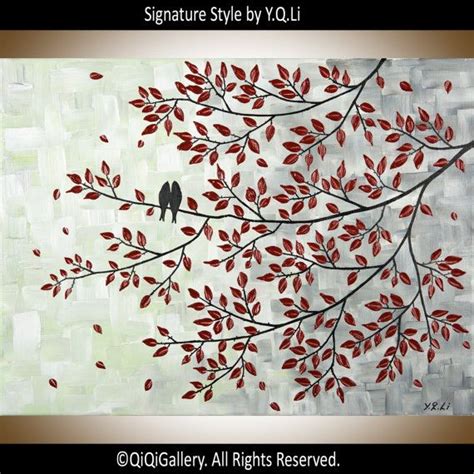 Original Art Tree Love Birds Palette Knife Canvas Painting Office Wall