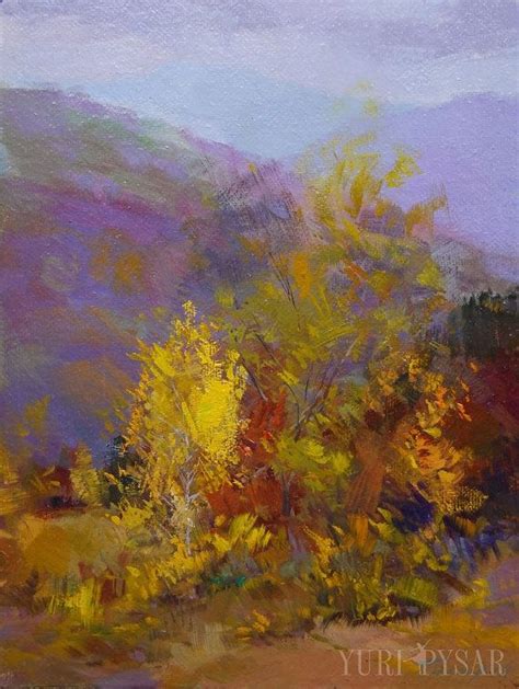 Small Landscape Painting Yellow And Lilac Canvas Art Autumn In Mountains Impressionist