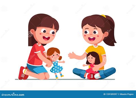 Happy Smiling Girls Kids Playing With Dolls Stock Vector Illustration