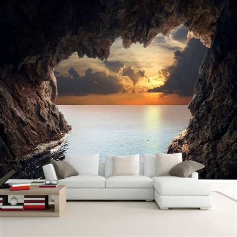 3d Custom Photo Cave Opening Sunrise Sea Wallpaper