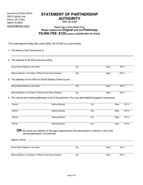 South Dakota Statement Of Partnership Authority Fill Out Sign Online