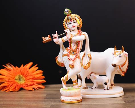 Cow Krishna Statue Small 15cm Marble Lord Krishna Idol Etsy