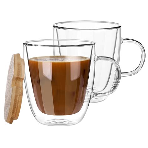 buy aiboria double walled coffee glasses mugs 2x350ml glass coffee mugs with handle lids set