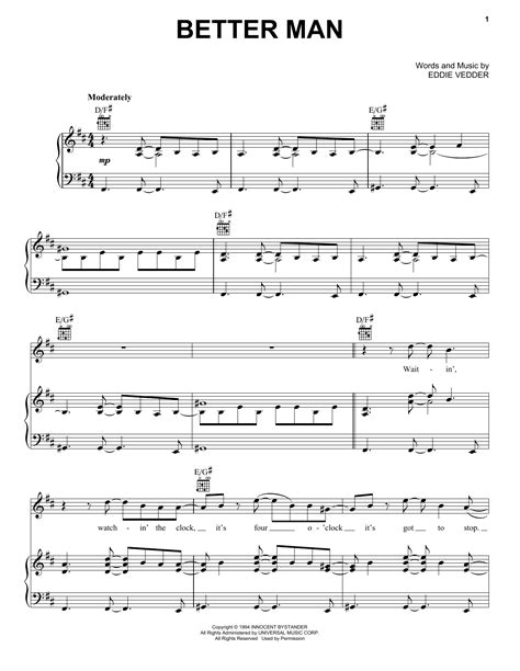 Better Man Sheet Music Pearl Jam Piano Vocal And Guitar Chords