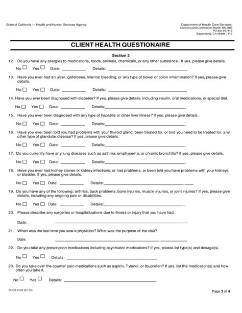 Health Questionnaire Form California Free Download