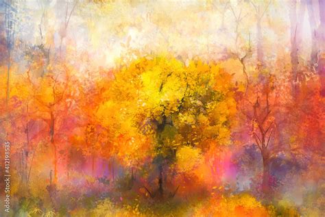 Illustration Soft Colorful Autumn Forest Abstract Fall Season Yellow