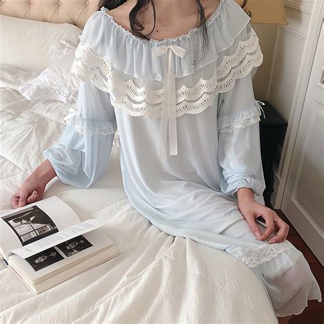 Vintage Lace Nightgown Autumn Women Long Sleeve Nightdress Retro Sleepwear Modal Lace Homewear