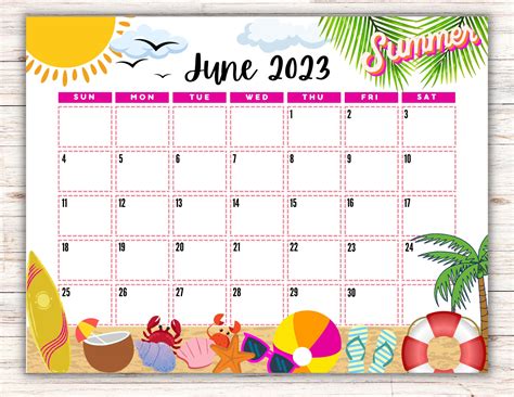 Editable Printable June Calendar 2023 Beach Themed Calendar Etsy Norway