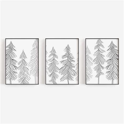 Forest Pine Tree Drawing Modern Minimalist Triptych Set Of Three Wall