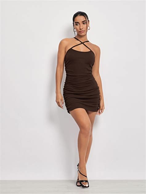 Evolushein Criss Cross Ruched Bodycon Dress Shein Uk