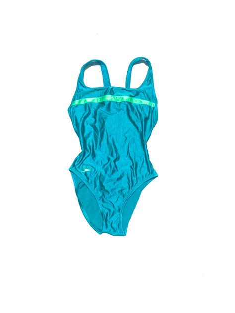 Sexy 90 S Speedo Bathing Suit Sea Green Cut Out Back Swim Wear Stretchy High Cut One Piece