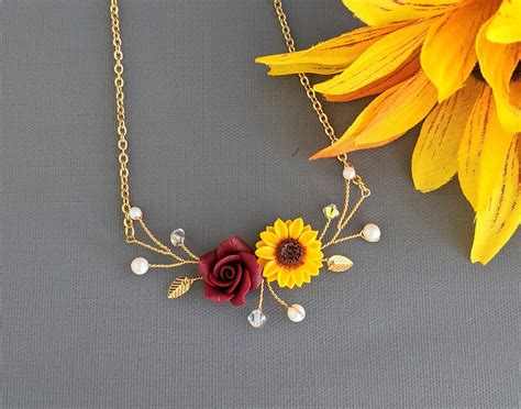 Sunflower Burgundy Rose Pearl Jewelry Set Sunflower Necklace Etsy