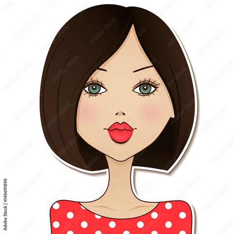 Cute Vector Girl Avatar Icon Happy Woman With Red Lips Pretty Lady Portrait Cartoon Girl