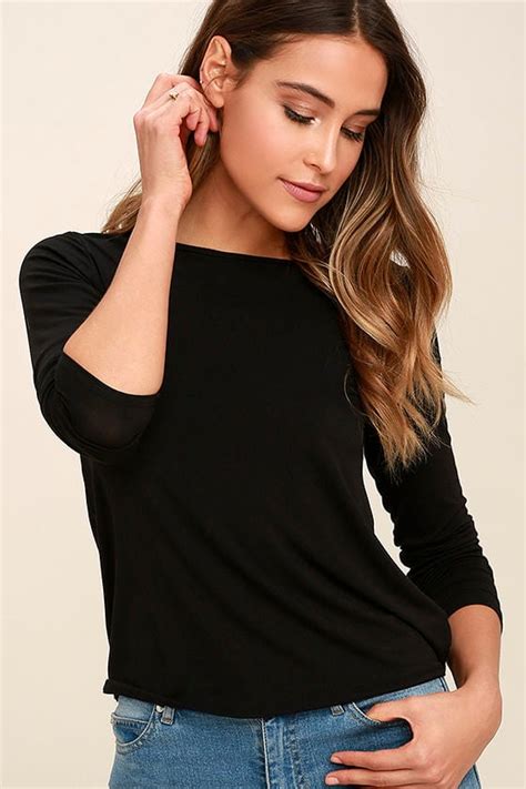 Chic Black Top Backless Top Long Sleeve Top 3400