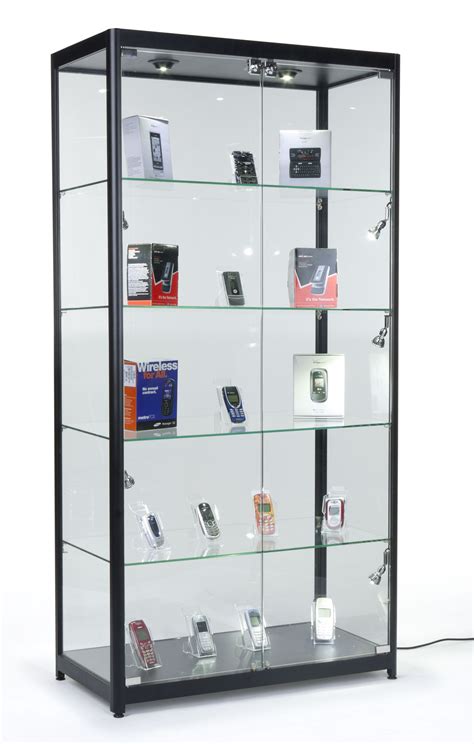 40 Display Case W Halogen Top And Side Lights 4 Fixed Shelves Hinged Doors Black Glass