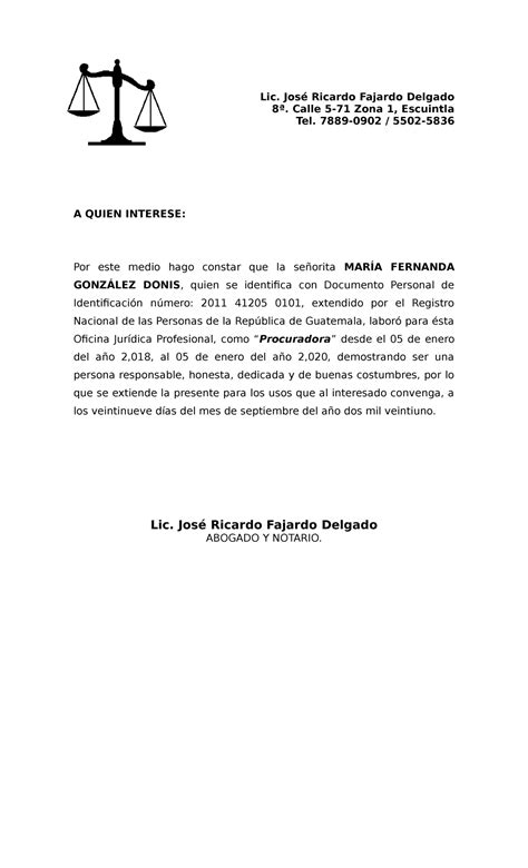 Carta DE Constancia DE Trabajo Lic José Ricardo Fajardo Delgado ª Calle Zona