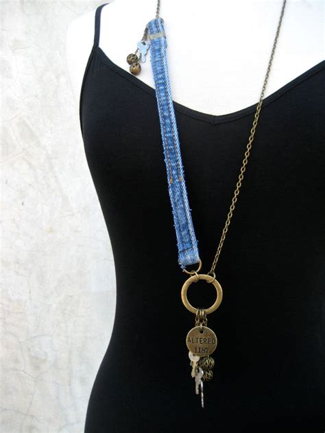 Denim Assemblage Necklace Charm Necklace Key Jewelry Etsy Denim