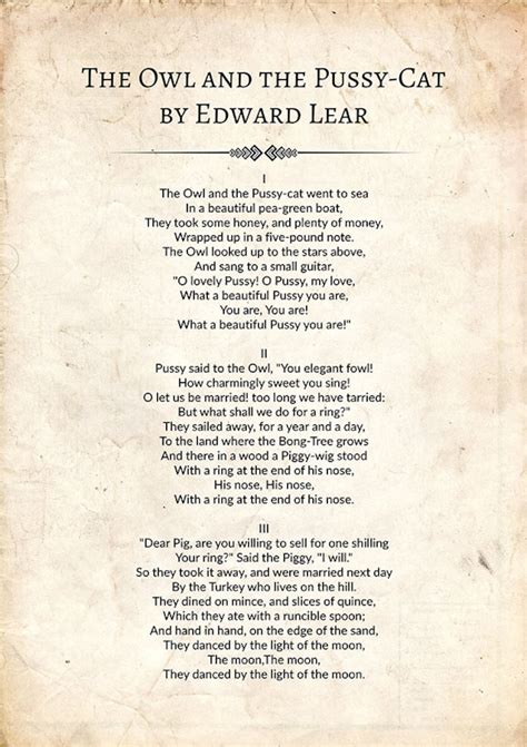 The Owl And The Pussy Cat Poem By Edward Lear Edward Lear Etsy Uk