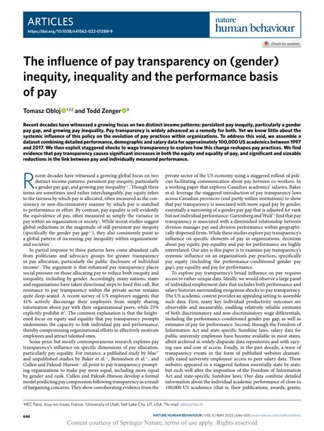The Influence Of Pay Transparency On Gender Inequity Inequality And The Performance Basis Of