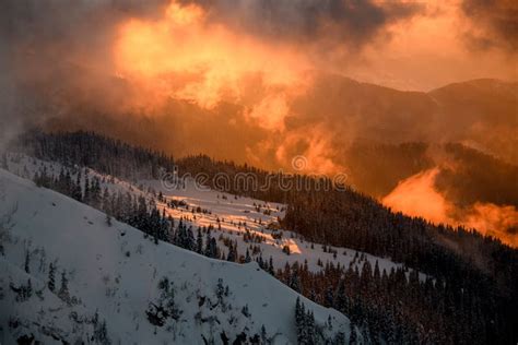 Wonderful View Of Mountain Landscape With Snow Cowered Trees Glowing