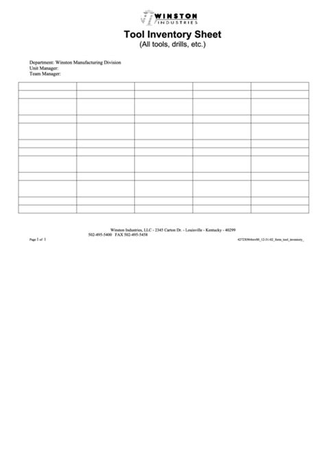 Tool Inventory Sheet Template Printable Pdf Download
