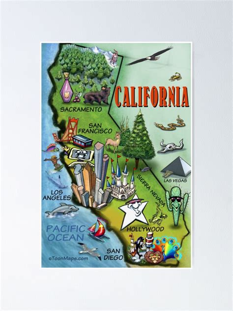 California Cartoon Map Poster For Sale By Kevinmiddleton Redbubble