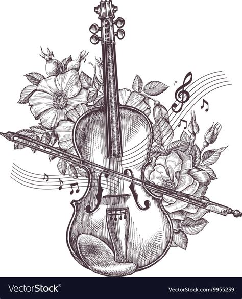 Vintage Fiddle Hand Drawn Retro The Violin And Flowers Vector