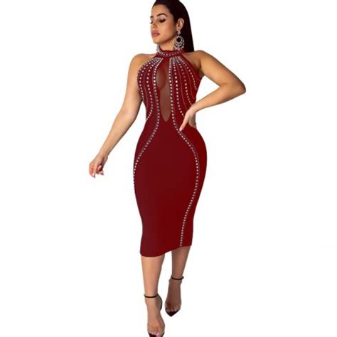 2020 Summer New Hot Women S Hot Drilling Dress Backless Perspective