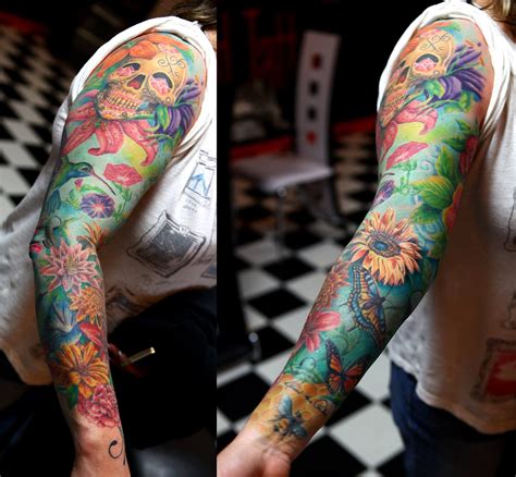 This tattoo would be great for anyone and would be nice for any event, festival or any time use just to show off you cute tat. Beautiful skull flower full sleeve tattoo | Sleeve tattoos ...