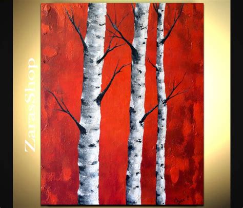 Large Birch Trees Painting Rich Red Canvas Wall Artwork Aspen Trees