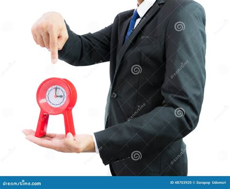 Red Clock Holding In Businessman Hands Isolated Stock Photo Image Of