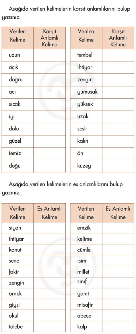 İlkokul 1. Sınıf Zıt Anlam Eş Anlam Etkinliği Kelime Çalışması