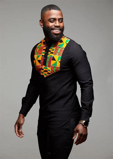 Meka Mens African Print Collared Henley Yellowgreen Kente African Clothing For Men
