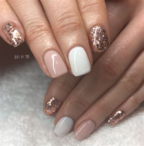 Gelish White Nude Magpie Glitter Nails Rose Gold Glitter Gel Nails Fun Nails Acrylic