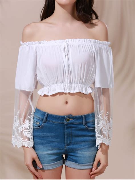White Lace Spliced Flare Sleeve Off The Shoulder Crop Top Belly Shirts