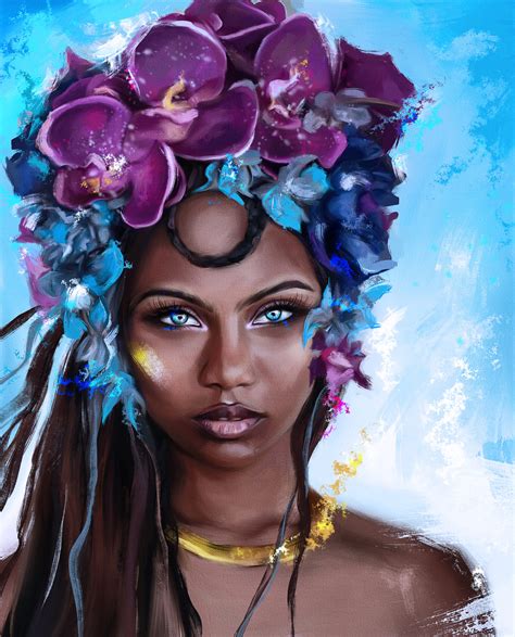 배경 화면 여자들 긴 머리 스트레이트 헤어 갈색 머리의 목걸이 파란 눈 꽃들 그림 푸른 꽃 자주색 꽃