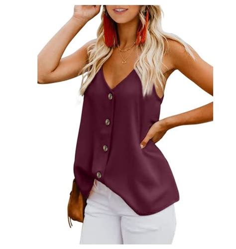 Blencot Womens Button Down V Neck Strappy Tank Tops Loose Casual Sleeveless Shirts Blouses