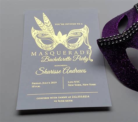 Masquerade Invitation Masquerade Invite Gray and Gold foil | Etsy