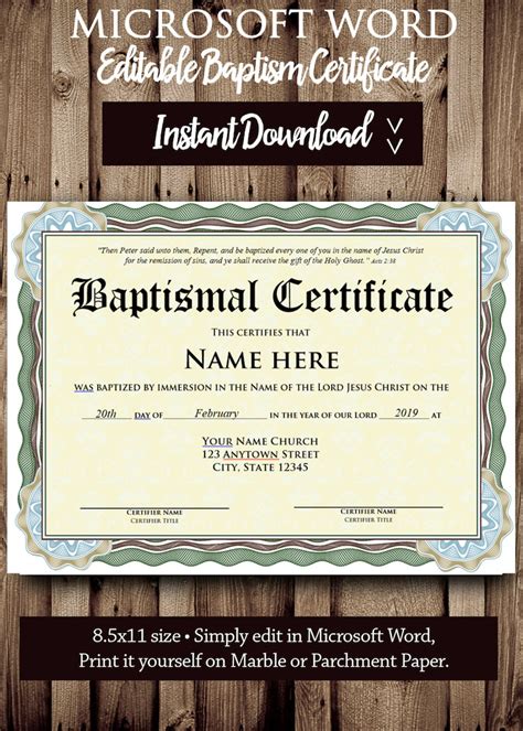 Baptism Certificate Template Microsoft Word Editable File Etsy