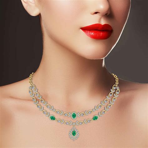 18k Diamond And Emerald Double Layered Necklace 4493g Om Jewellers