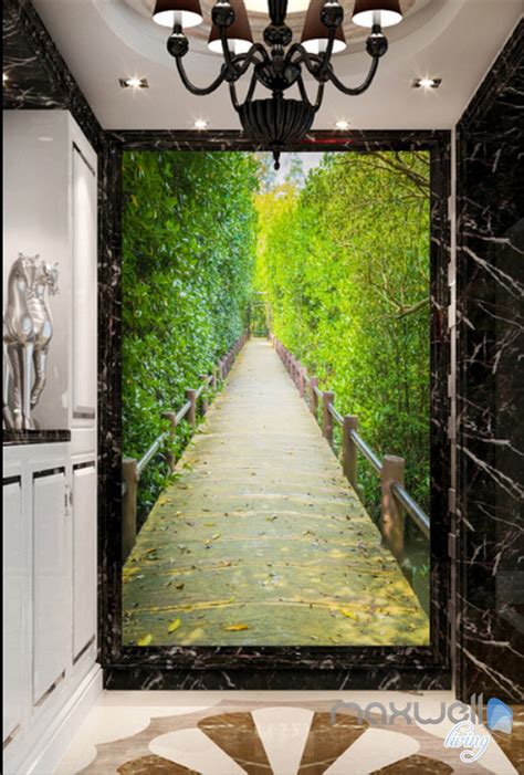 3d Green Leaves Tree Lane Corridor Entrance Wall Mural Decals Art Prin