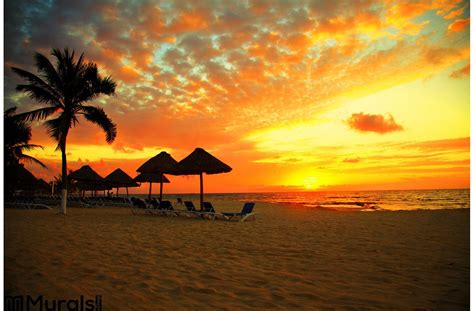 51'' h x 59'' w. Sunset Scene Tropical Beach Resort Wall Mural