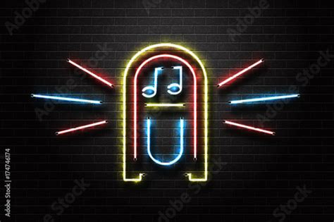 Vector Realistic Isolated Neon Sign Of Jukebox For Decoration And Covering On The Wall
