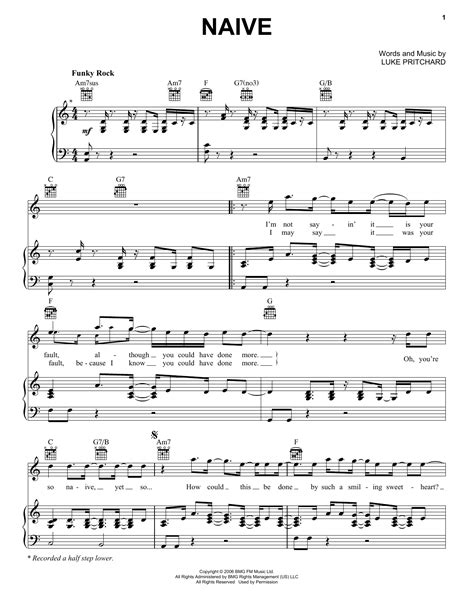 Naive Sheet Music The Kooks Piano Vocal And Guitar Chords Right Hand Melody