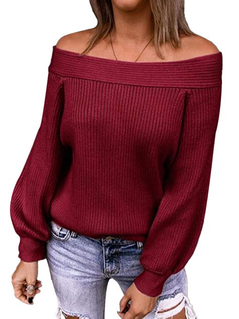 Colisha Women Fall Autumn Long Sleeve Tshirts Sexy Off Shoulder Tunic Tops Pullover Knitted